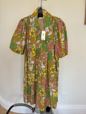 Tory Burch Spring Vintage-Inspired Floral Shirt Dress in Mustard, Green & Pink